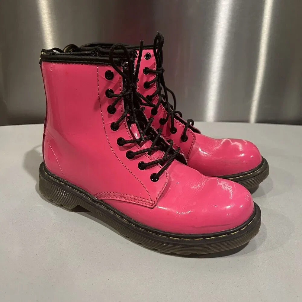 Dr Doc Martens Delaney Youth Size 3 Boots Hot Pink Lace Up Side Zip‎ Patent